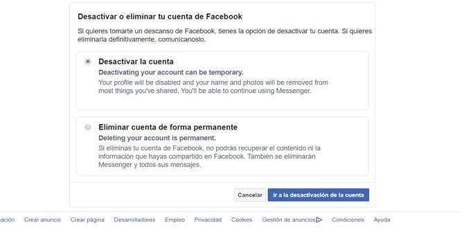 Eliminar la cuenta en Facebook
