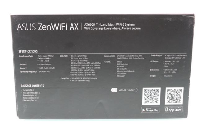 Lateral izquierdo del sistema Wi-Fi AiMesh ASUS ZenWiFi AX XT8 con las especificaciones