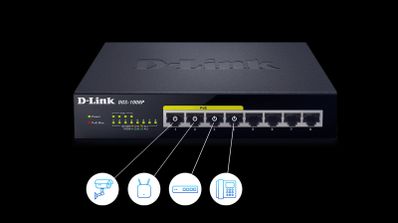 Switch de red D-Link con ocho puertos Ethernet, destacando cuatro puertos PoE conectados mediante iconos a una cámara de seguridad, un punto de acceso, un terminal de red y un teléfono IP.