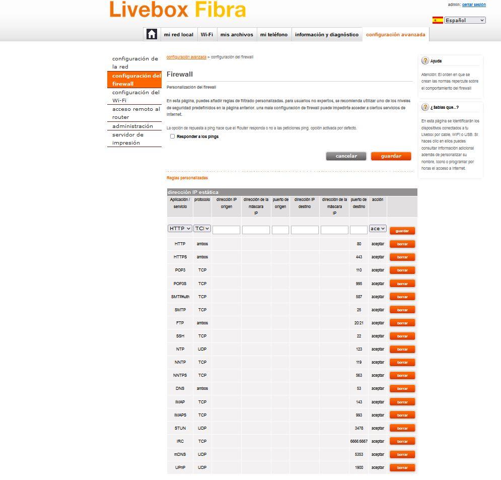 livebox fibra firewall