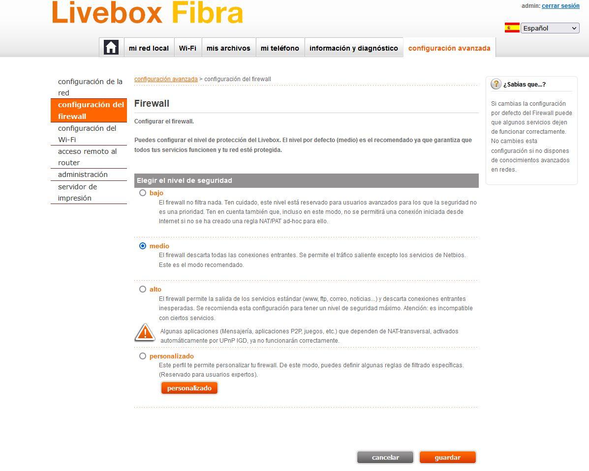 livebox fibra firewall