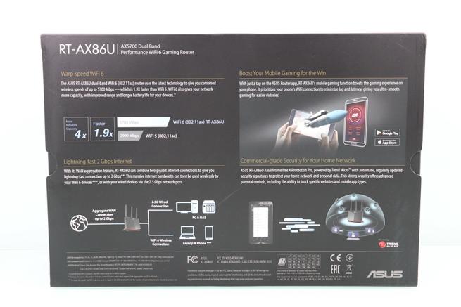 Trasera de la caja del router ASUS RT-AX86U en detalle