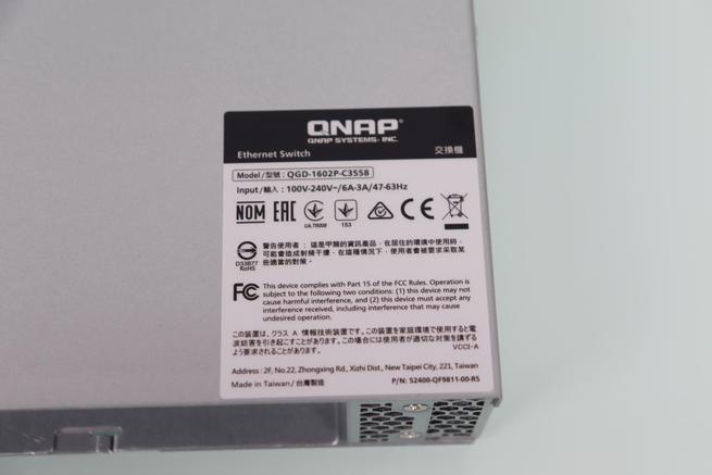 Características eléctricas y certificaciones del QNAP QGD-1602P