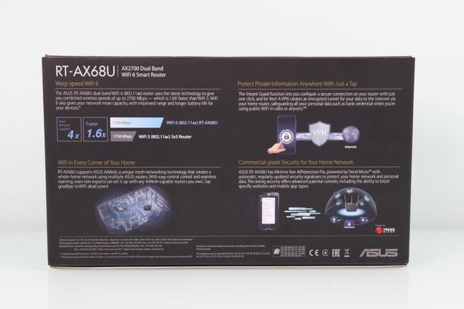 Vista trasera de la caja del router ASUS RT-AX68U en detalle