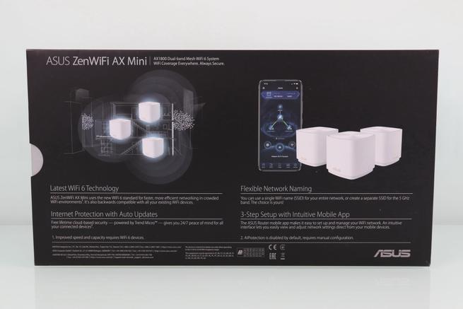 Vista trasera de la caja del sistema WiFi Mesh ASUS ZenWiFi AX Mini XD4