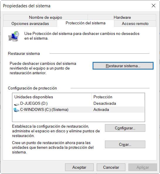 Crear un punto de restauración en Windows 10