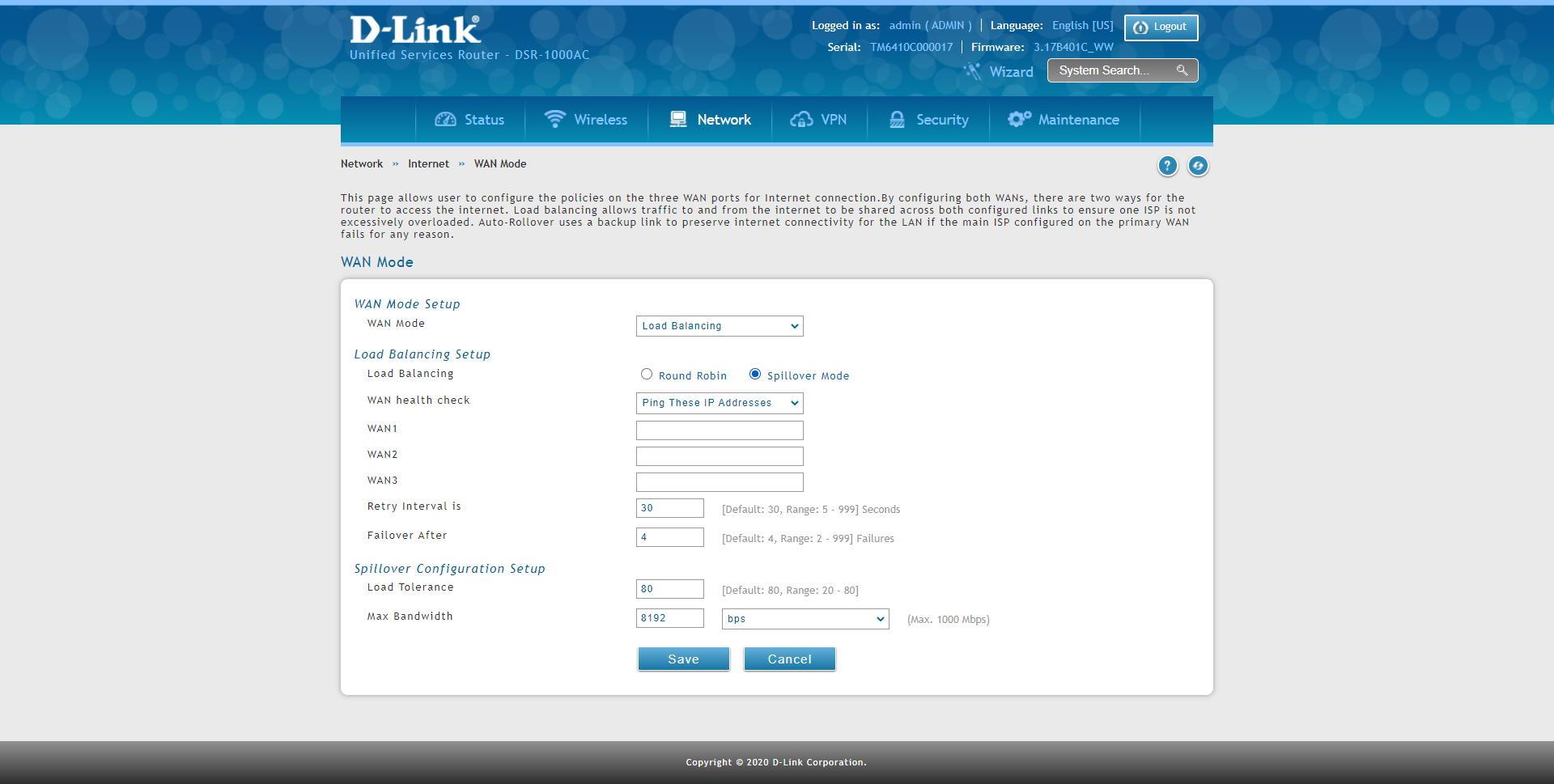 Configure two WANs on the D-Link DSR-1000AC router and load balancing