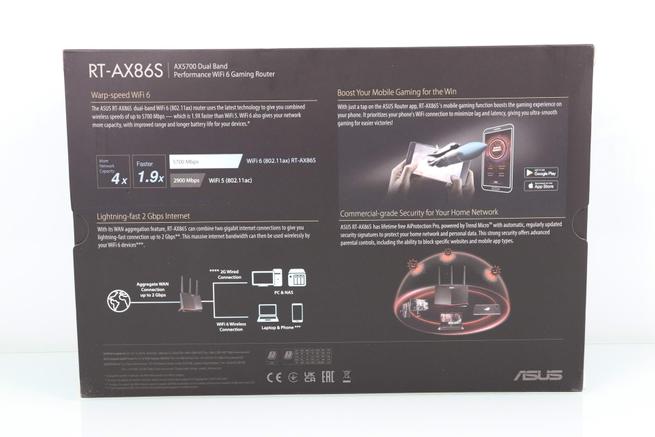 Trasera de la caja del router gaming ASUS RT-AX86S con WiFi 6