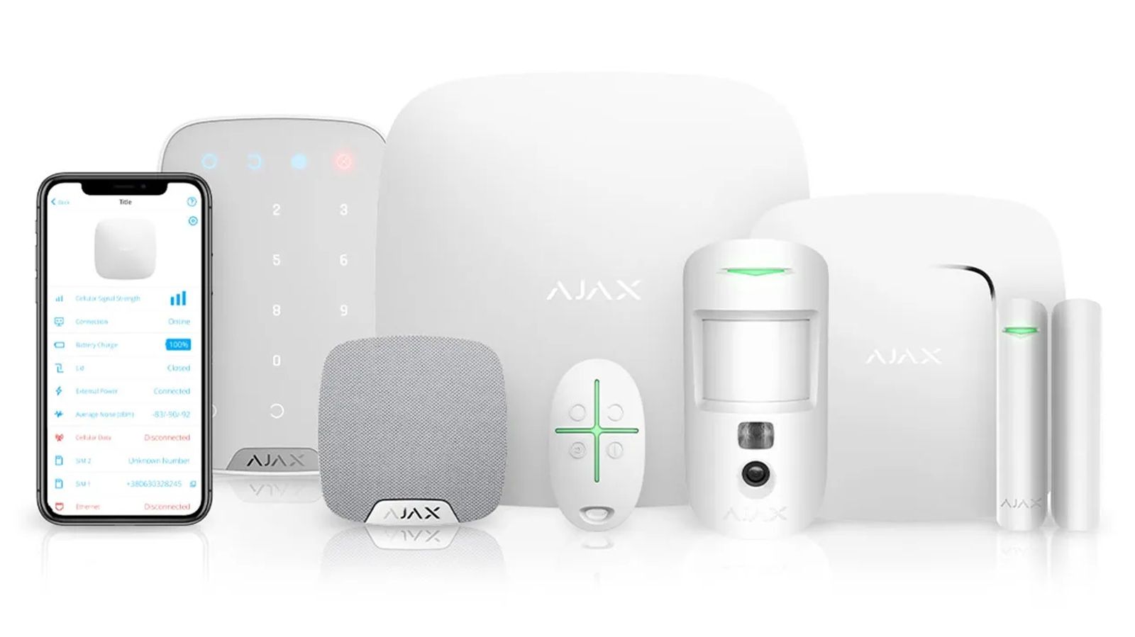 Ecosistema de dispositivos de seguridad inteligente de Ajax Systems con centralita, sensores de movimiento, mandos de control y aplicación móvil.