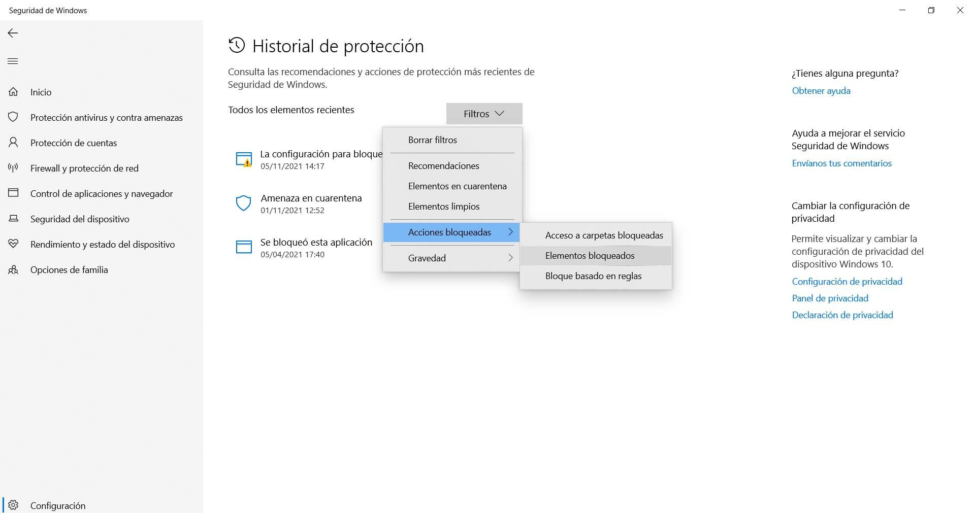 Elementos bloqueados en Windows Defender