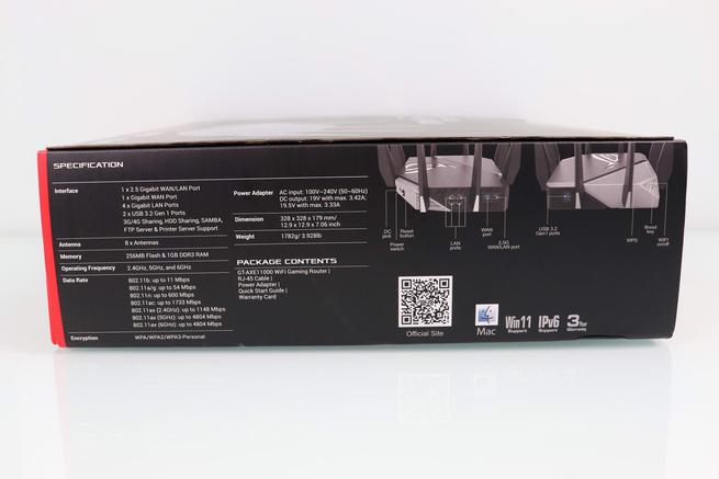 Lateral derecho de la caja del router Wi-Fi 6E ASUS GT-AXE11000 con las especificaciones técnicas