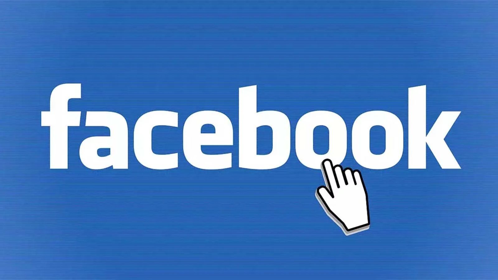 Logotipo de Facebook en letras blancas sobre fondo azul con un cursor de mano haciendo clic.