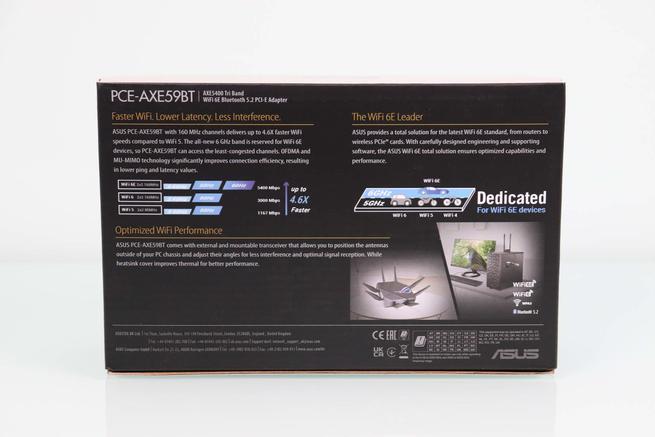 Trasera de la caja de la tarjeta WiFi PCIe ASUS PCE-AXE59BT en detalle