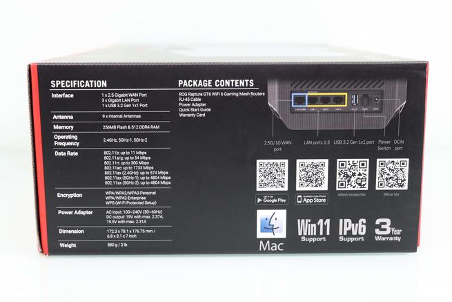 Lateral derecho de la caja del sistema WiFi Mesh ASUS ROG Rapture GT6 con las especificaciones técnicas