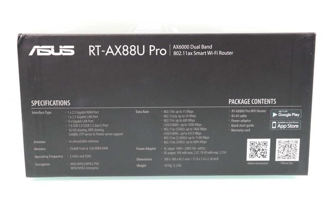 Lateral izquierdo de la caja del router ASUS RT-AX88U Pro con las especificaciones