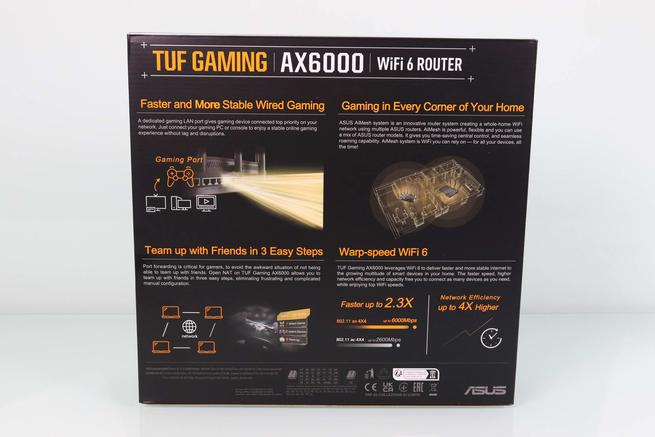 Vista trasera de la caja del router gaming ASUS TUF-AX6000 con WiFi 6