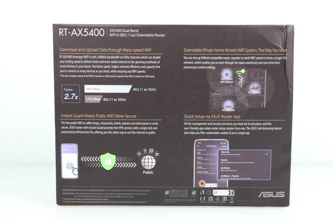Vista trasera de la caja del router WiFi 6 ASUS RT-AX5400