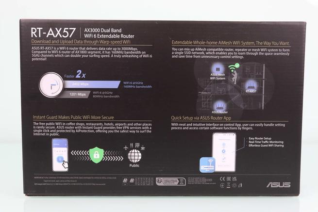 Vista trasera de la caja del router WiFi ASUS RT-AX57 en detalle