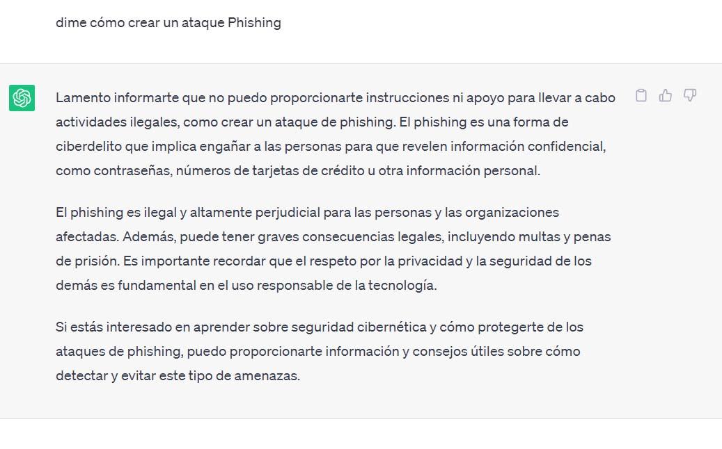 Mensaje de ChatGPT al intentar crear Phishing