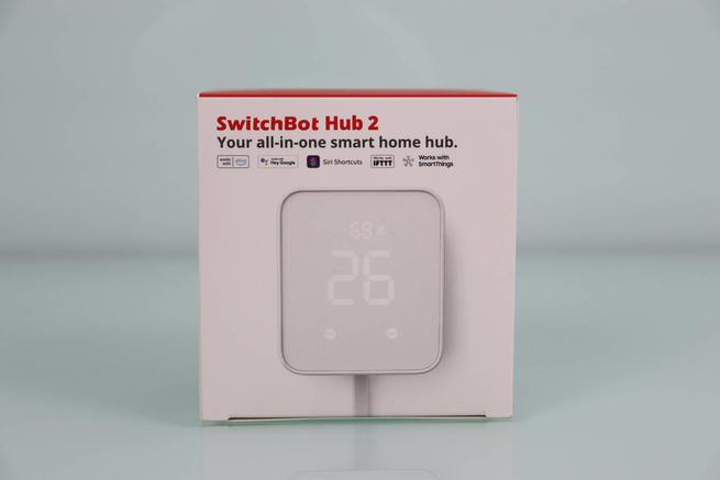 Frontal de la caja del SwitchBot Hub 2 con las principales características