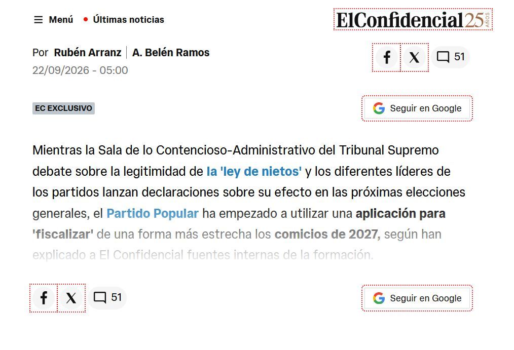 Captura de pantalla de un artículo exclusivo en la interfaz web de El Confidencial con texto difuminado.