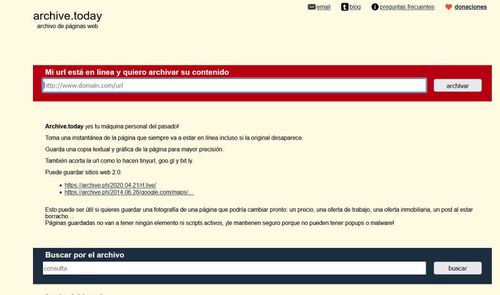 Interfaz de la página web archive.today con formulario para archivar y buscar sitios web.
