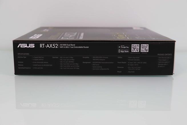 Lateral izquierdo de la caja del router WiFi ASUS RT-AX52 en detalle