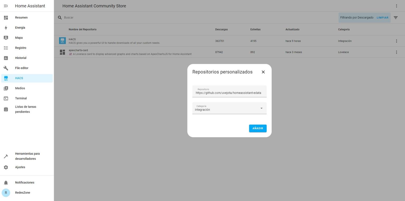 Configurar datadis en Home Assistant con e-data y ver el consumo de luz