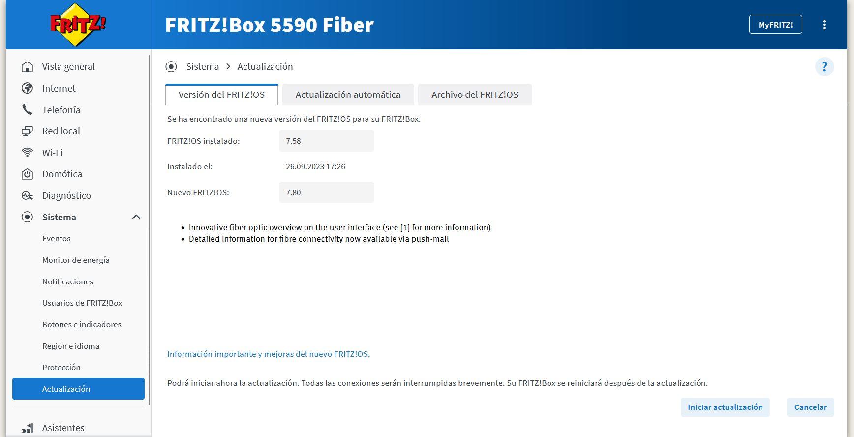 Actualización a FRITZ!OS 7.80 en un router FRITZ!Box 5590 Fiber