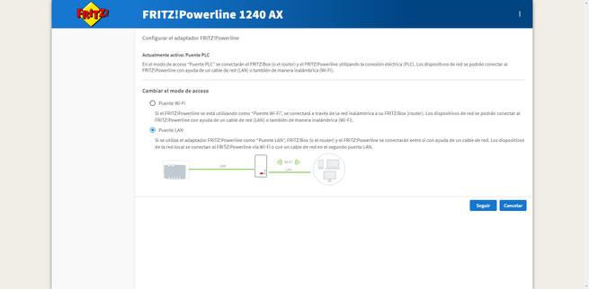 Cómo cambiar al modo puente LAN en el AVM FRITZ!Powerline 1240 AX