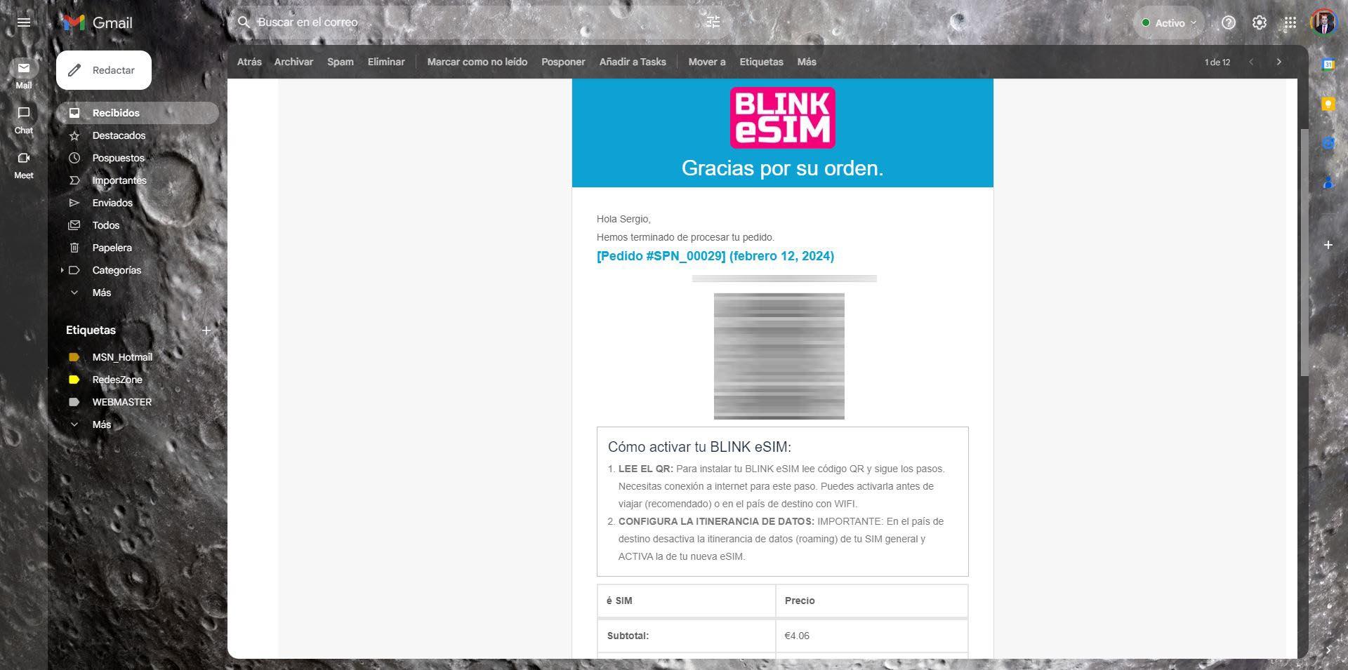 Email con el código QR de la tarjeta BLINK eSIM