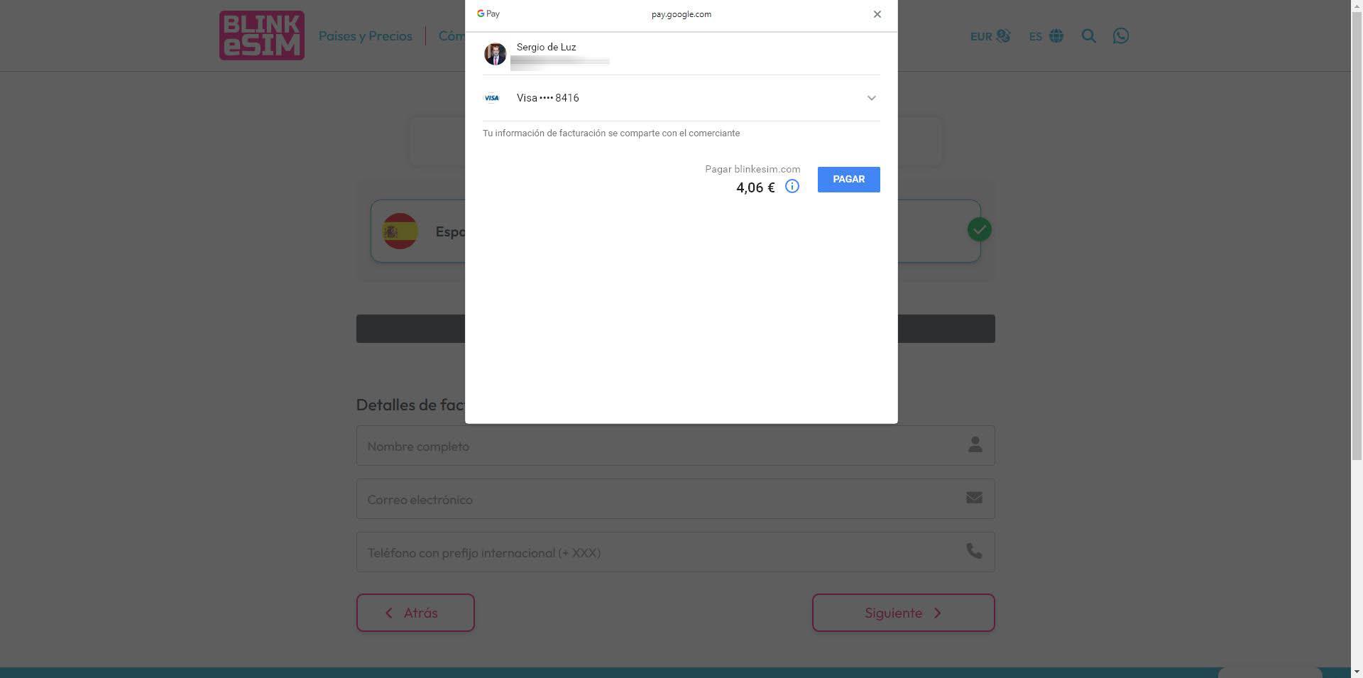 Ejemplo de pago con Google Pay en BLINK eSIM