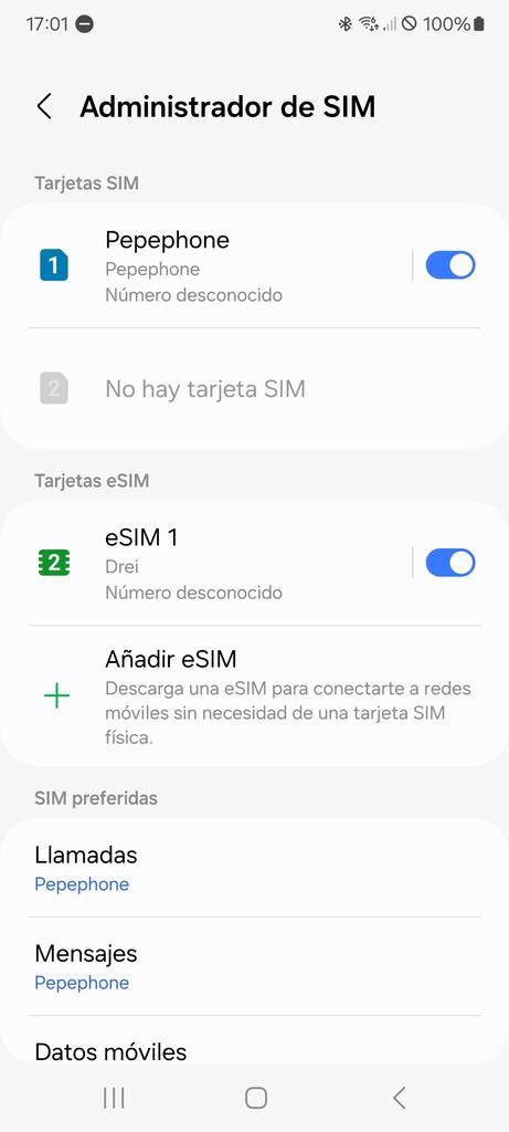 Opciones disponibles en el administrador de SIM del móvil Samsung