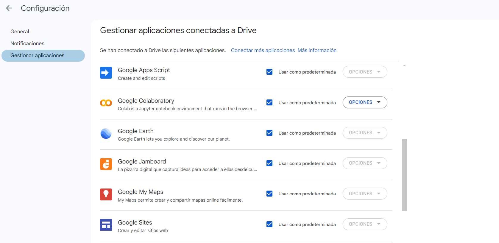 Ver aplicaciones vinculadas a Google Drive