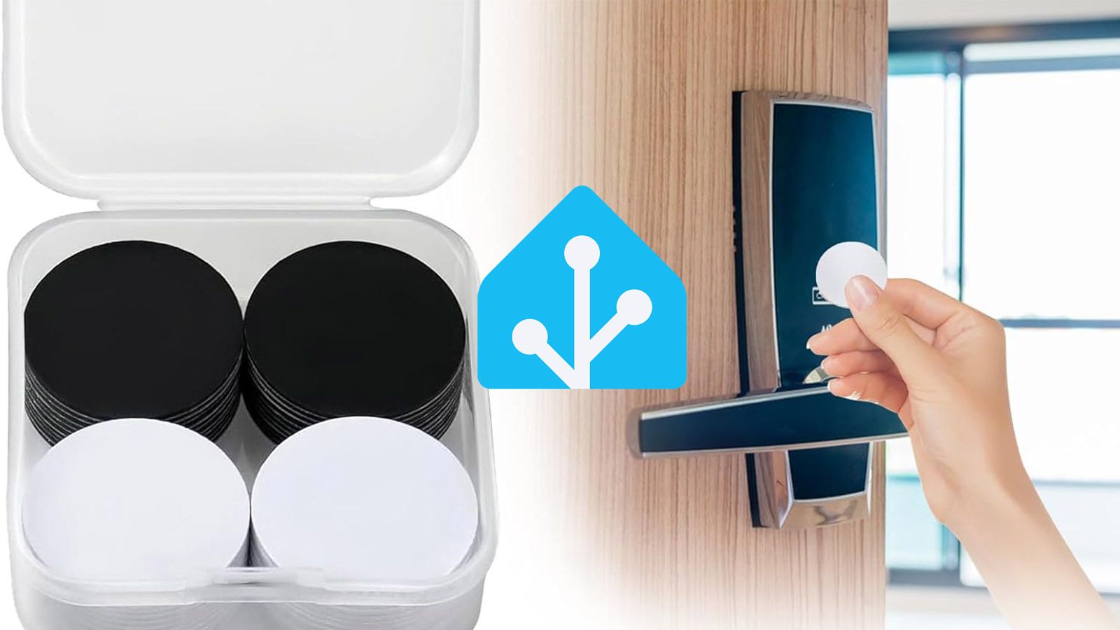Mano de una persona escaneando una etiqueta NFC circular pegada en una pared con un smartphone para activar una automatización de domótica en Home Assistant.