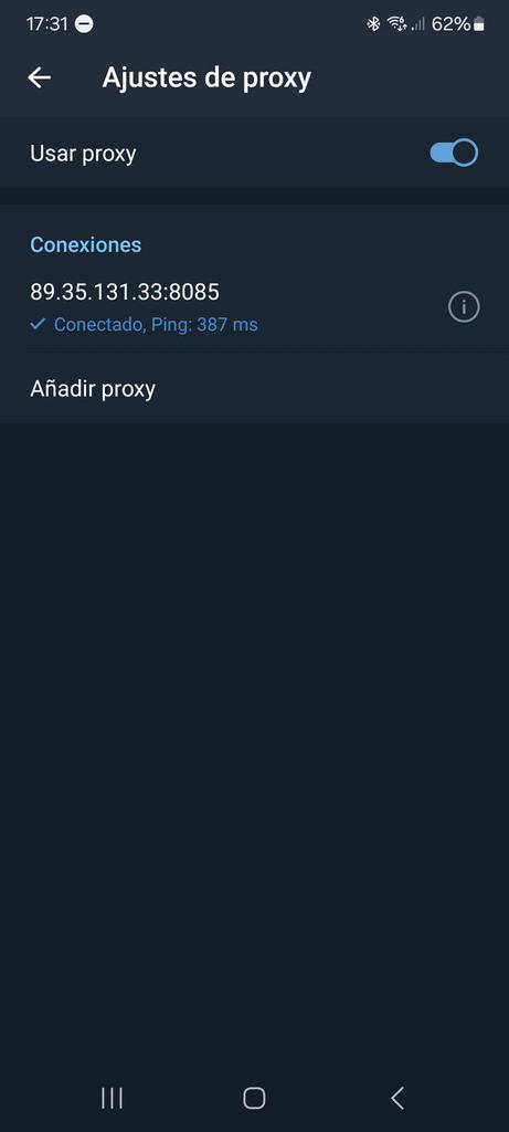 Vista del proxy añadido en Telegram