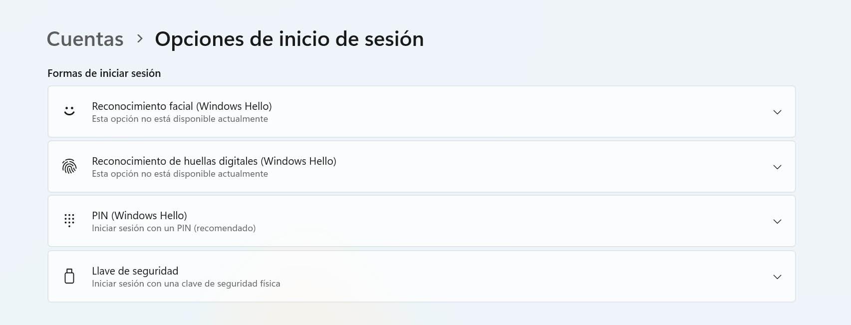 Opciones de inicio de sesión con Windows Hello