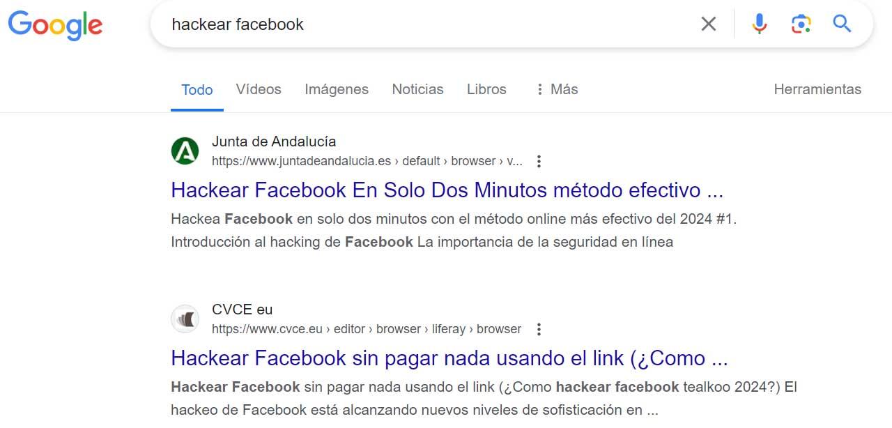 Búsqueda en Google para hackear Facebook en la web de la Junta de Andalucía