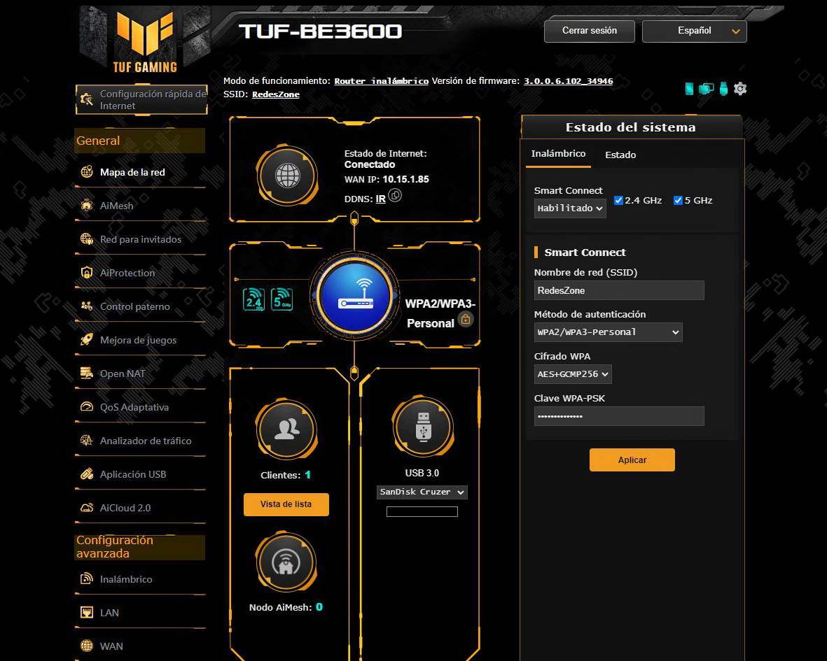 Panel de control del firmware de un router ASUS TUF-BE3600 con el menú de configuración y estado del sistema.