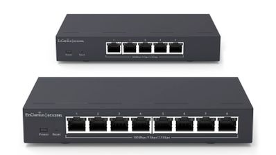 Vista frontal de los switches gestionables EnGenius ECS205L y ECS208L de la serie Cloud-Lite, mostrando sus puertos Multigigabit y diseño metálico compacto.