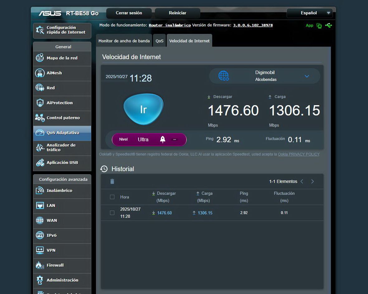 Prueba velocidad WAN DHCP con el Speedtest interno del router ASUS RT-BE58 Go.