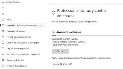 Proceso de ejecución de un análisis del antivirus de Windows