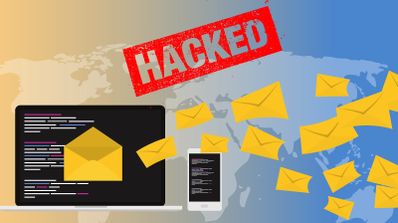 Ilustración de un ordenador y móvil con sobres de correo electrónico volando y un sello rojo con el texto Hacked.