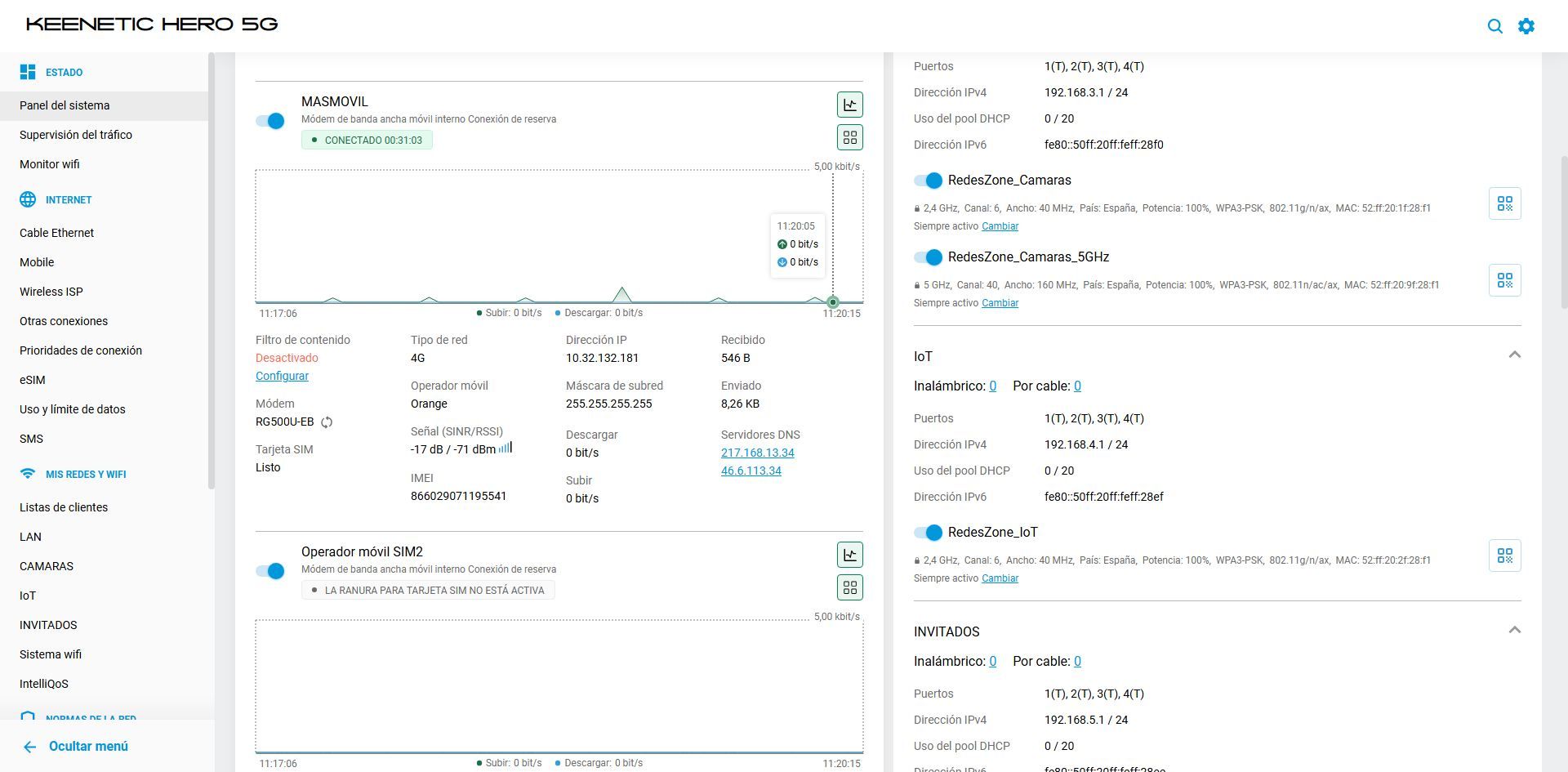 Panel de administración del router Keenetic Hero 5G mostrando estadísticas de tráfico, configuración de red y estado de la conexión
