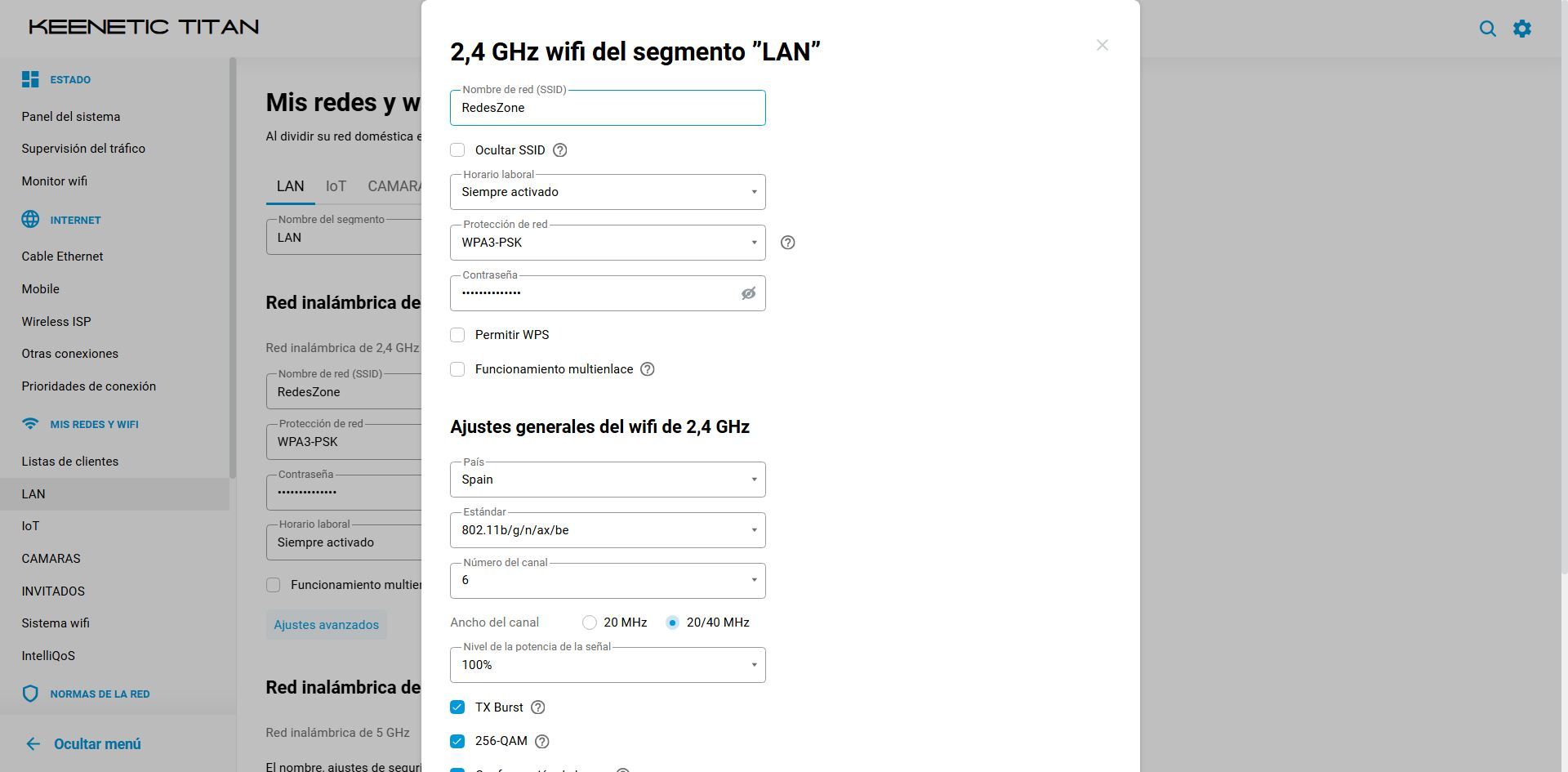 Panel de configuración de router Keenetic Titan con los ajustes de red wifi de 2,4 GHz para el segmento LAN.