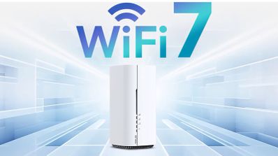 Router ASUS de color blanco con diseño cilíndrico bajo un logotipo de WiFi 7 sobre un fondo tecnológico de líneas de velocidad azul.