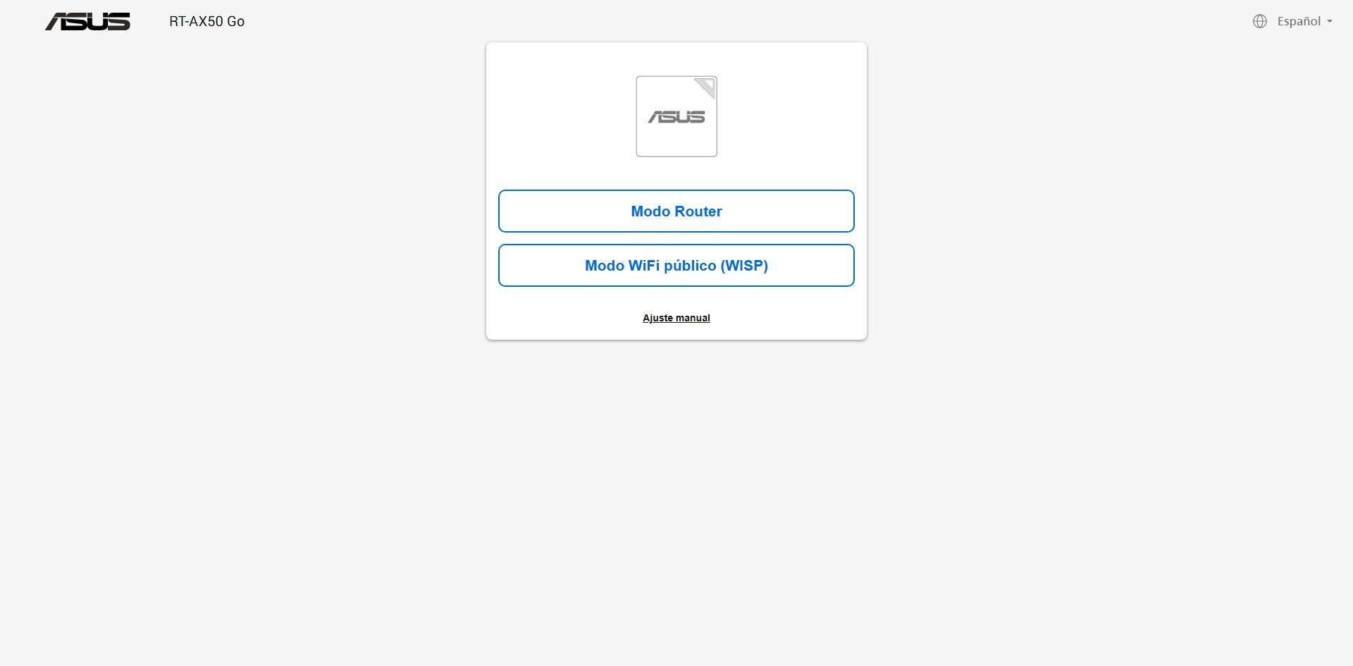 Interfaz de configuración del router ASUS RT-AX50 Go mostrando opciones de Modo Router, Modo WiFi público WISP y ajuste manual.