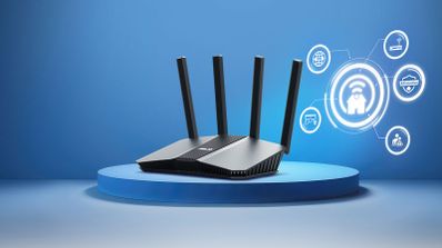 ASUS RT-BE59 con sus cuatro antenas desplegadas, sobre un fondo azul con símbolos de red, ilustrando Wi-Fi 7 y conectividad.