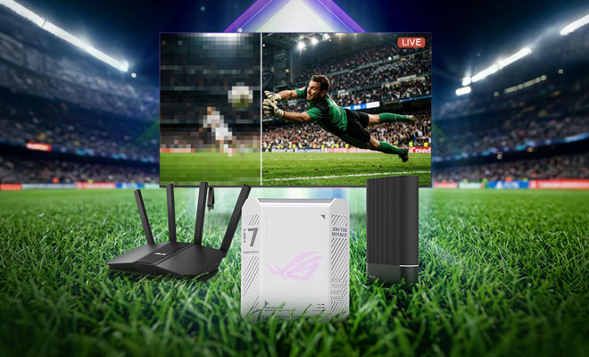 Composición de equipos de red ASUS sobre un campo de fútbol con una pantalla que muestra una retransmisión deportiva en directo.