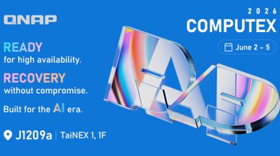 Cartel promocional de QNAP para Computex 2026 sobre fondo azul con logotipos tridimensionales y lemas sobre alta disponibilidad, recuperación de datos e inteligencia artificial.
